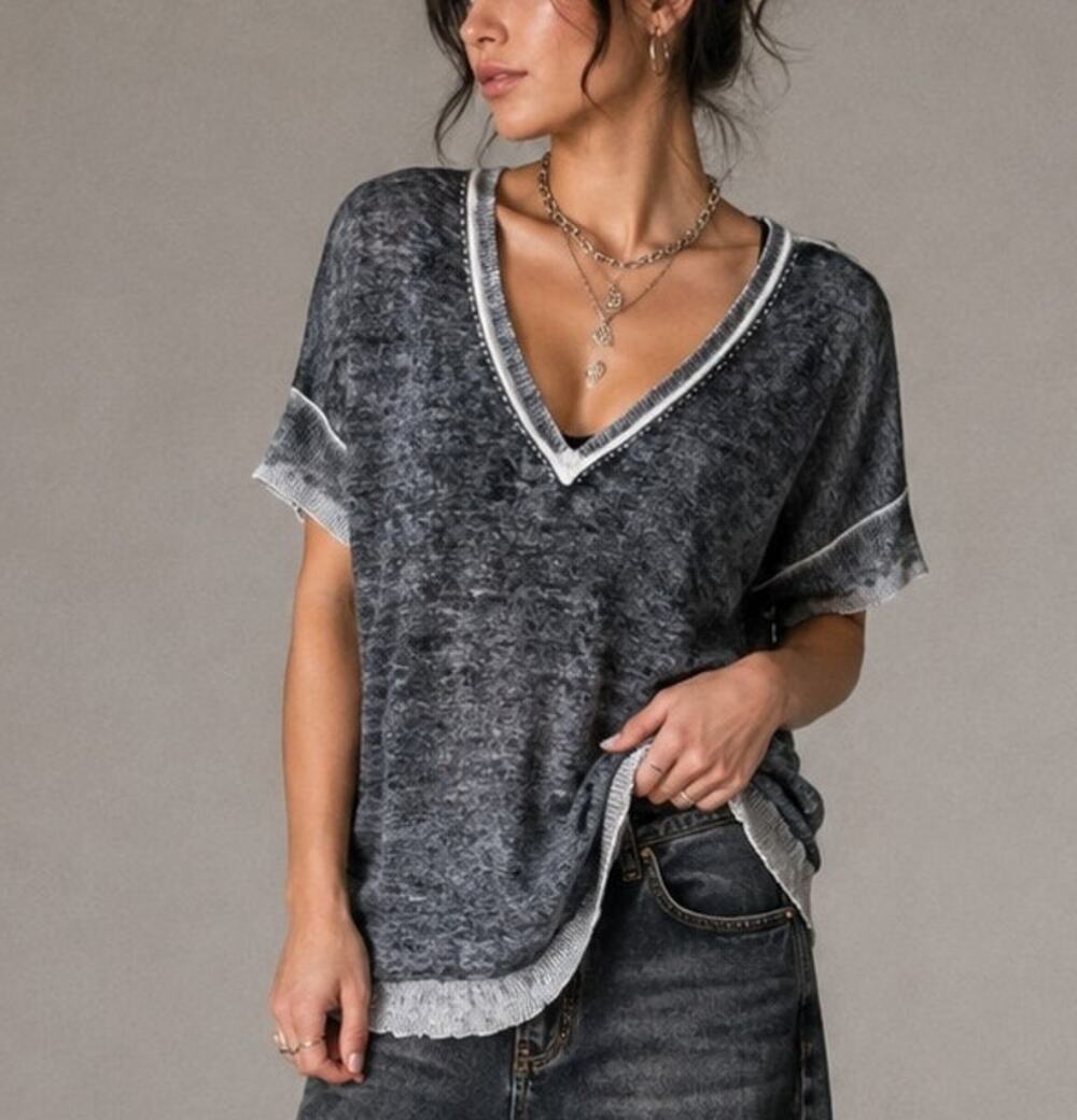 525 America Womens V-Neck Sweater Top M/L Acid Wash Grunge Goth Emo Punk Skater